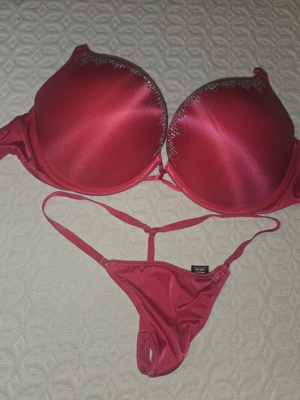 Victoria's Secret Hot Pink Satin Push-Up Bra & Thong Set with Rhinestone Trim
